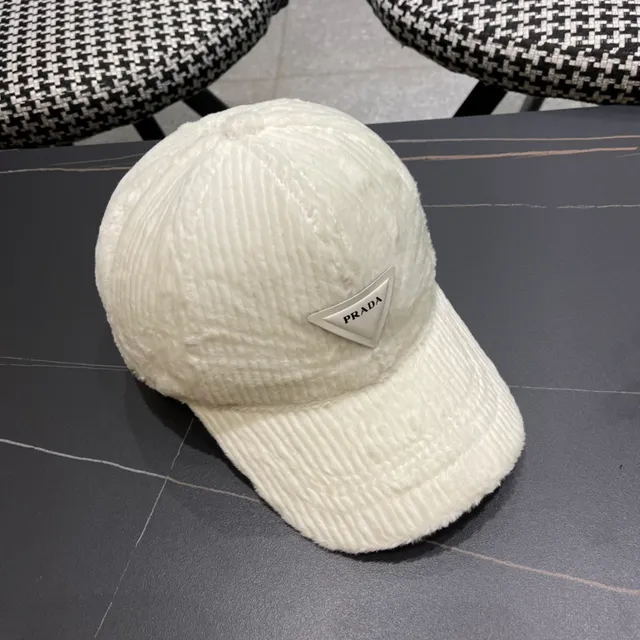 Prada Corduroy Black Beige Texture Plush-Lined Interior Baseball Cap 4