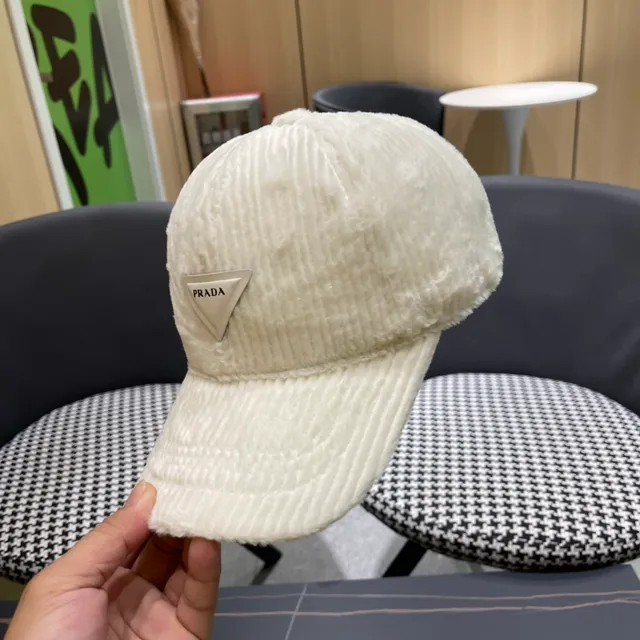 Prada Corduroy Black Beige Texture Plush-Lined Interior Baseball Cap 7