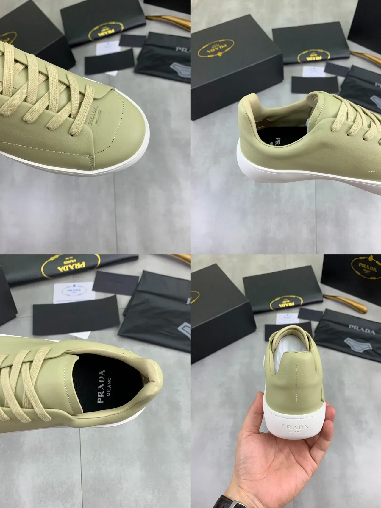 Prada Verde Branco Minimalista Couro Atacadores Tonal Tênis Lifestyle 2