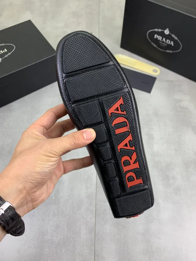 Prada Loafer Black Brown Pebbled Leather Metal Plaque Detail Loafer 2