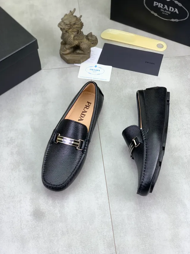 Prada Loafer Black Brown Pebbled Leather Metal Plaque Detail Loafer 5