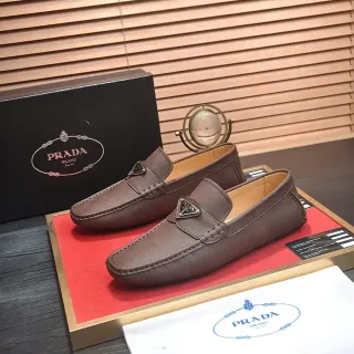Prada Loafer Brown Beige Leather Metal Triangle Logo Plaque Loafer