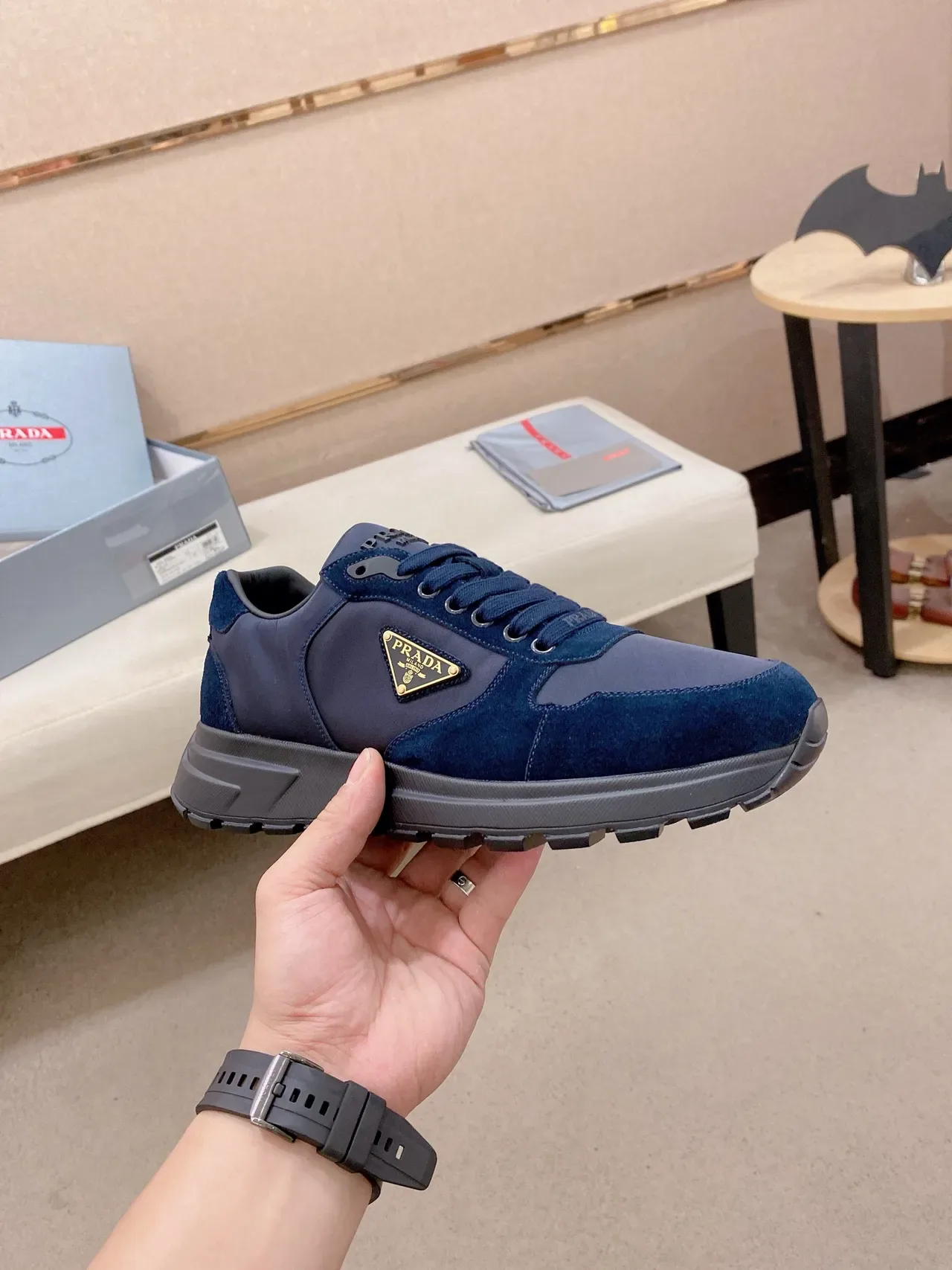 Prada Navy Black Mixed-Material Upper Triangular Logo Plaque Lifestyle Sneakers 5
