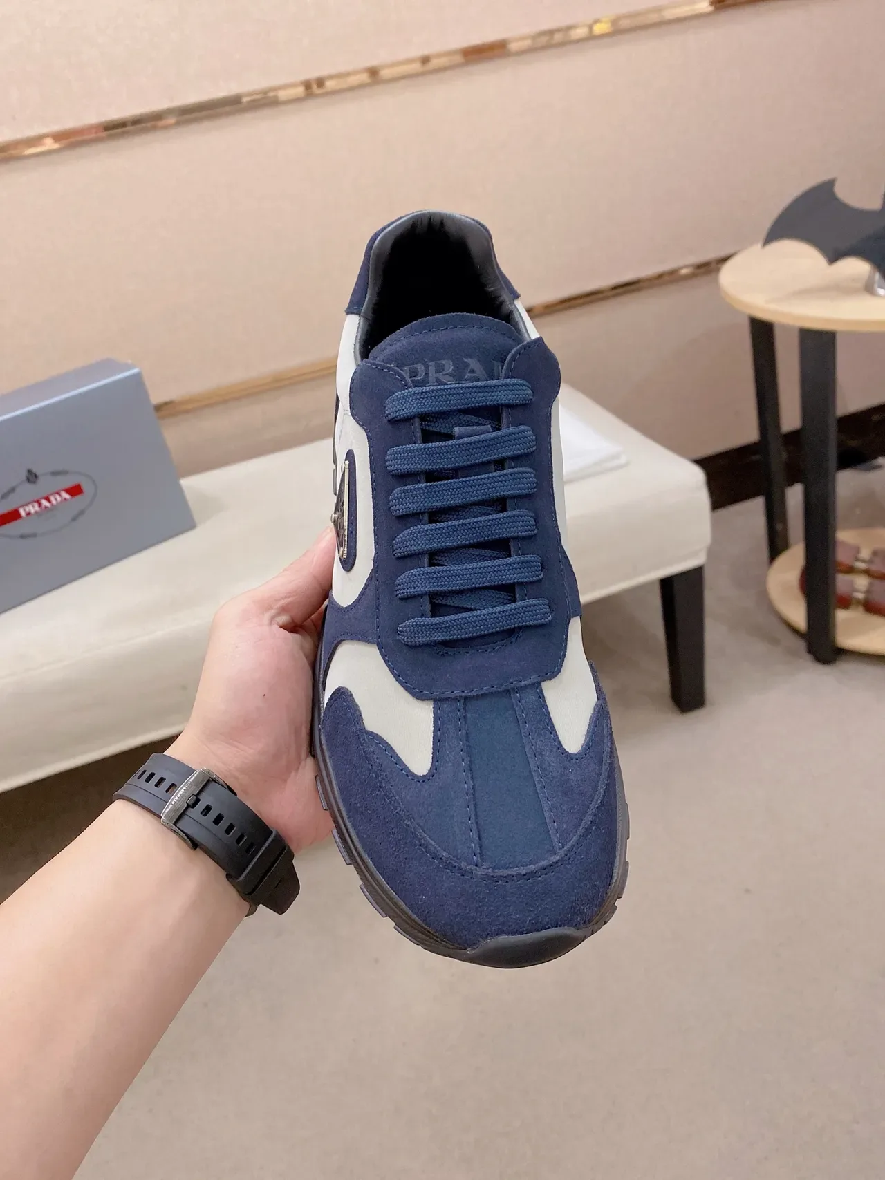 Prada Tênis Lifestyle Navy Gray Color-Blocked com Upper de Couro de Carneiro e Sintético 5