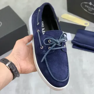 Prada Navy White Suede Moc-Toe Construction Boat Shoes