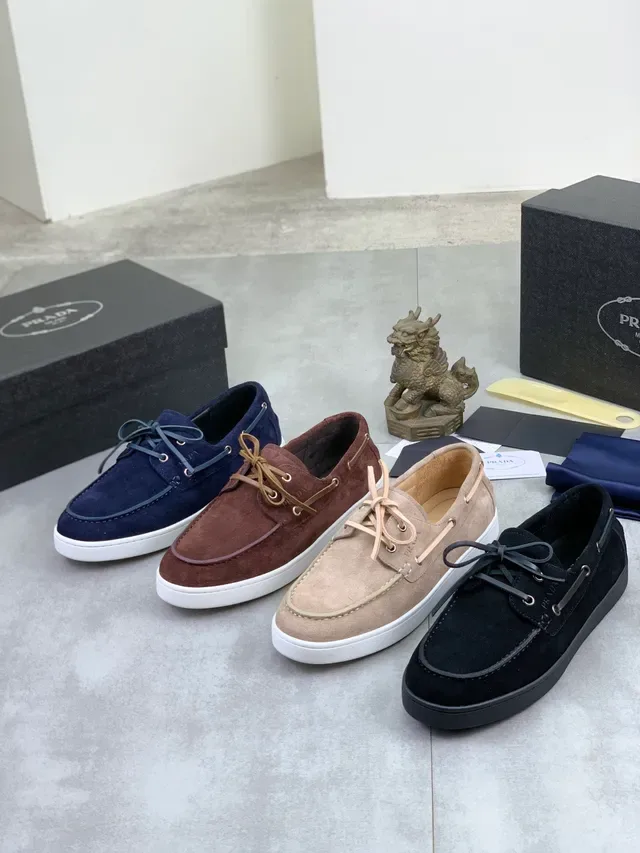 Prada Navy White Suede Moc-Toe Construction Boat Shoes 2