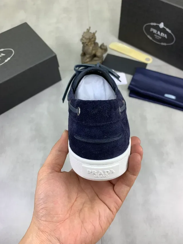 Prada Navy White Suede Moc-Toe Construction Boat Shoes 4