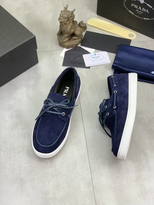 Prada Navy White Suede Moc-Toe Construction Boat Shoes 6