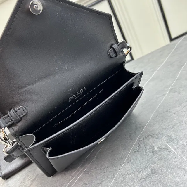 Prada Re-Nylon Crossbody Black Silver Envelope-Flap Saffiano-Textured Messenger Bag 2
