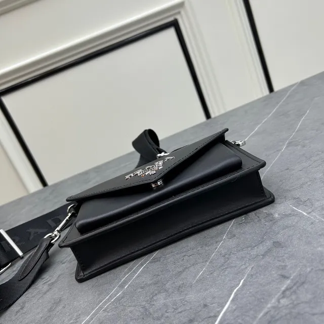 Prada Re-Nylon Crossbody Black Silver Envelope-Flap Saffiano-Textured Messenger Bag 3