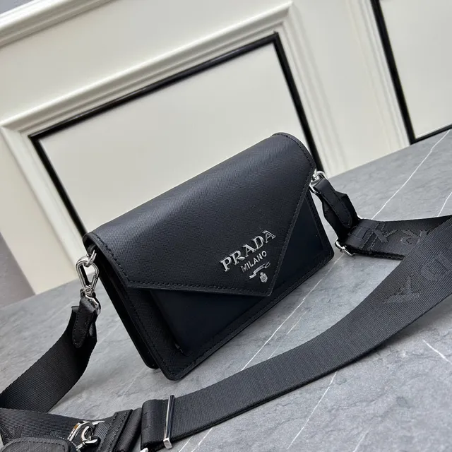 Prada Re-Nylon Crossbody Black Silver Envelope-Flap Saffiano-Textured Messenger Bag 5