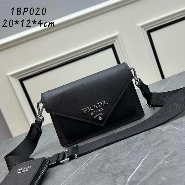 Prada Re-Nylon Crossbody Black Silver Envelope-Flap Saffiano-Textured Messenger Bag 6