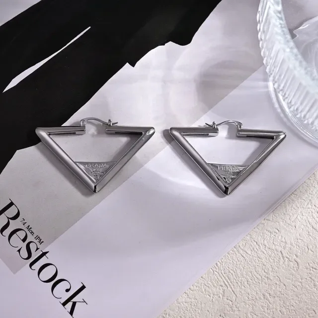 Prada Silver Triangular Hoop Polished Metal Earrings 2