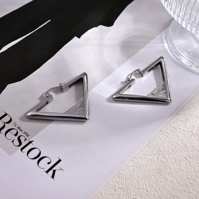 Prada Silver Triangular Hoop Polished Metal Earrings 3