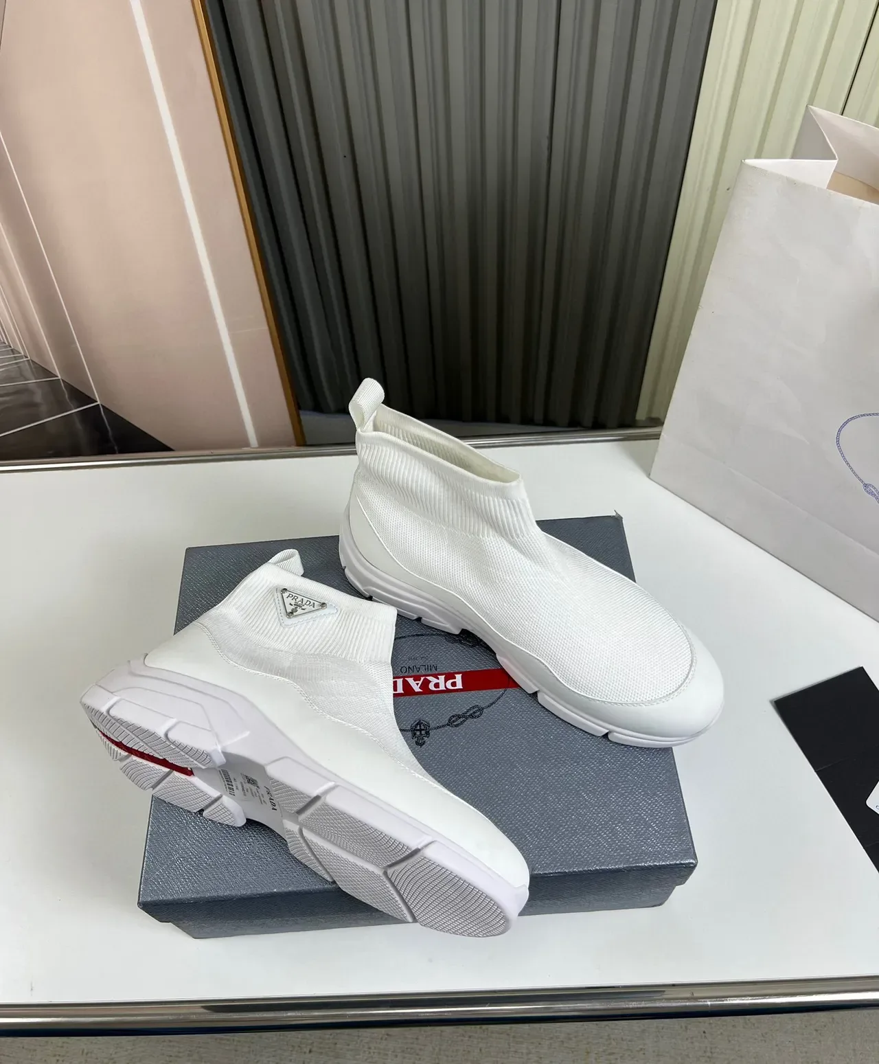 Prada Speed Trainer White Knit Ankle Lifestyle Sneaker 6