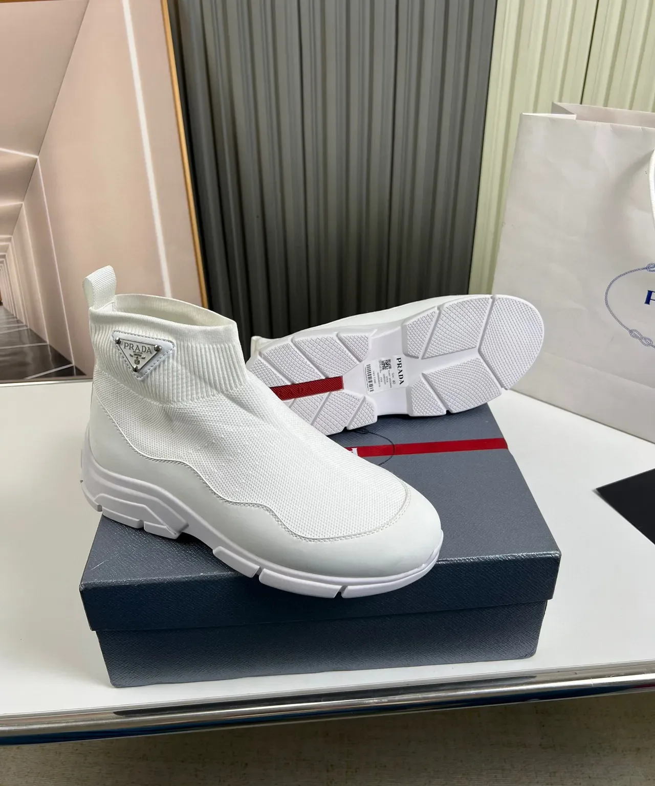 Prada Speed Trainer White Knit Ankle Lifestyle Sneaker 7