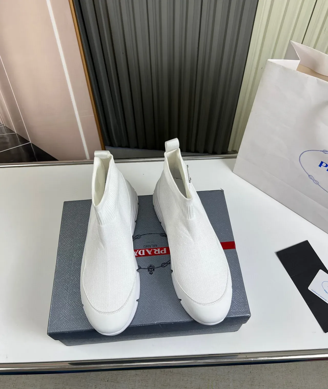 Prada Speed Trainer White Knit Ankle Lifestyle Sneaker 8