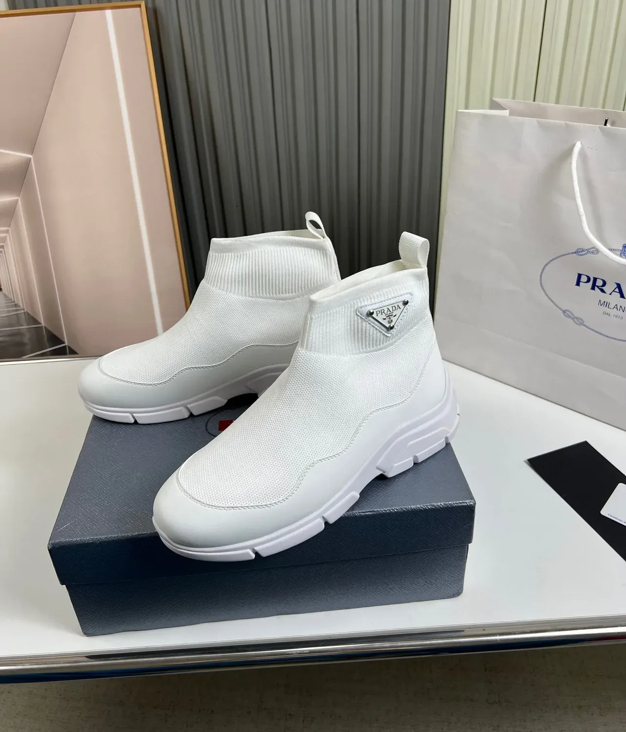 Prada Speed Trainer White Knit Ankle Lifestyle Sneaker 9