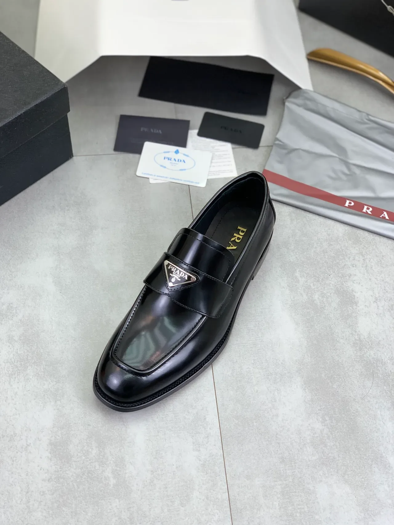 Prada Triangle Logo Penny Loafer Black Leather Loafers 4