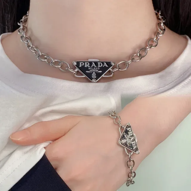 Prada Triangle Logo Silver Black Curb Chain Enamel Pendants Necklace 2