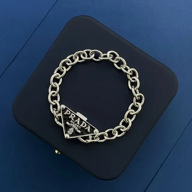 Prada Triangle Logo Silver Black Curb Chain Enamel Pendants Necklace 6