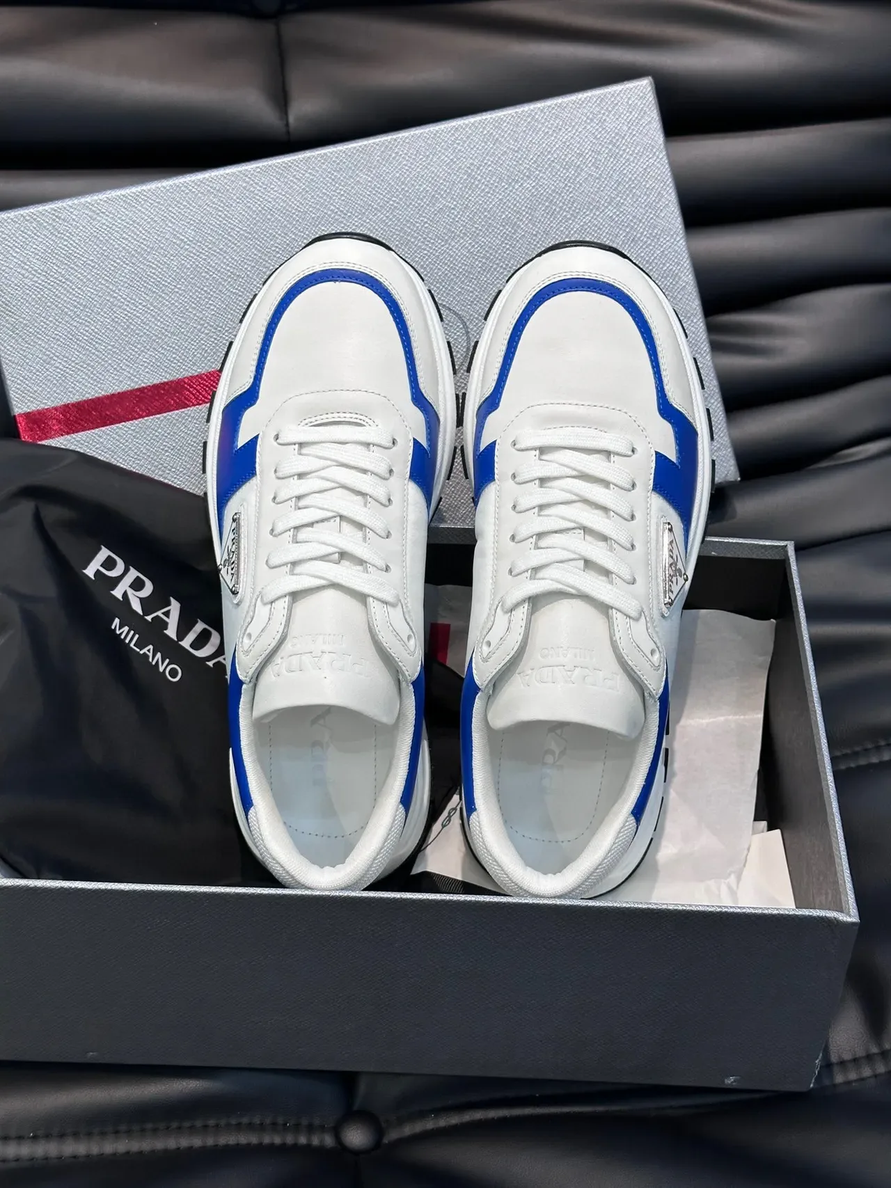 Prada White and Blue Contrast Piping Lifestyle Sneakers 4