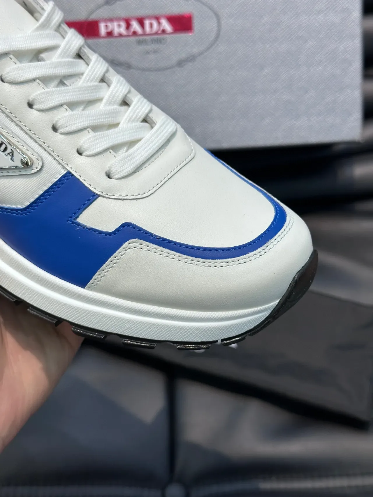 Prada White and Blue Contrast Piping Lifestyle Sneakers 5