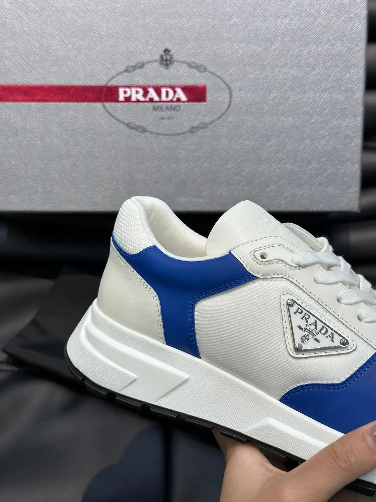 Prada White and Blue Contrast Piping Lifestyle Sneakers 6