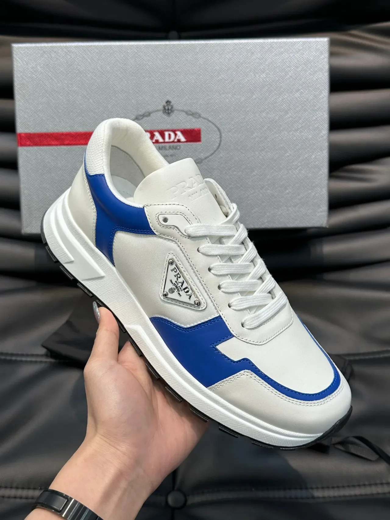 Prada White and Blue Contrast Piping Lifestyle Sneakers 7