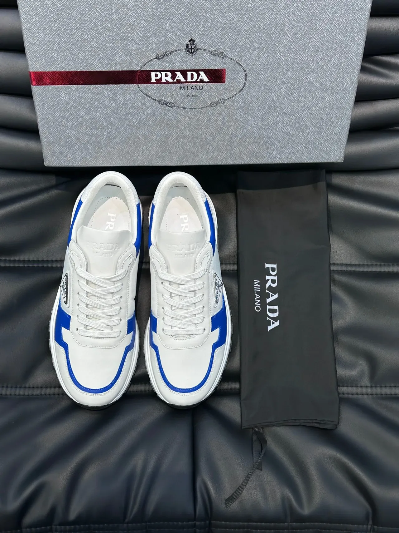 Prada White and Blue Contrast Piping Lifestyle Sneakers 8