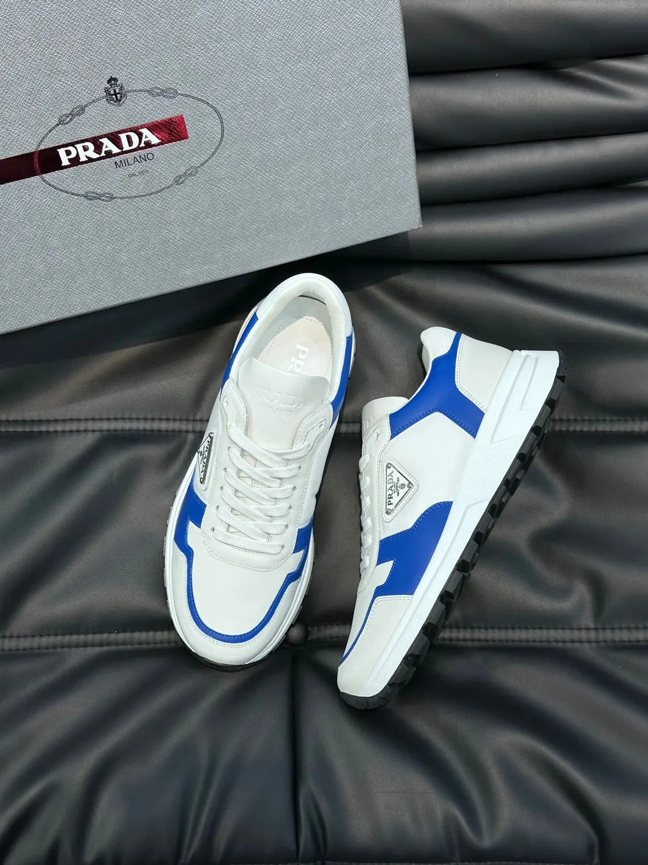 Prada White and Blue Contrast Piping Lifestyle Sneakers 9