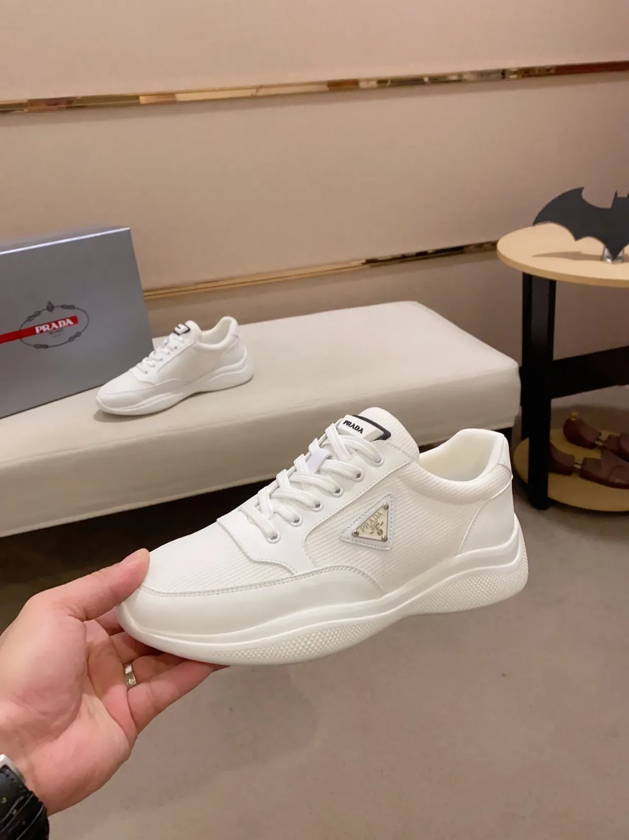 Prada White Black Low-Top Mesh-and-Leather Upper Lifestyle Sneakers 3