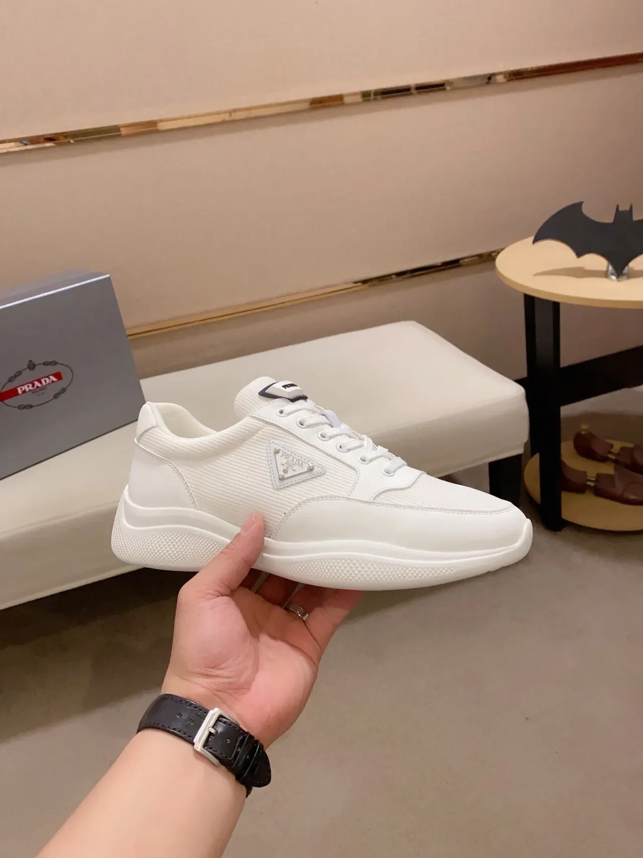 Prada White Black Low-Top Mesh-and-Leather Upper Lifestyle Sneakers 4