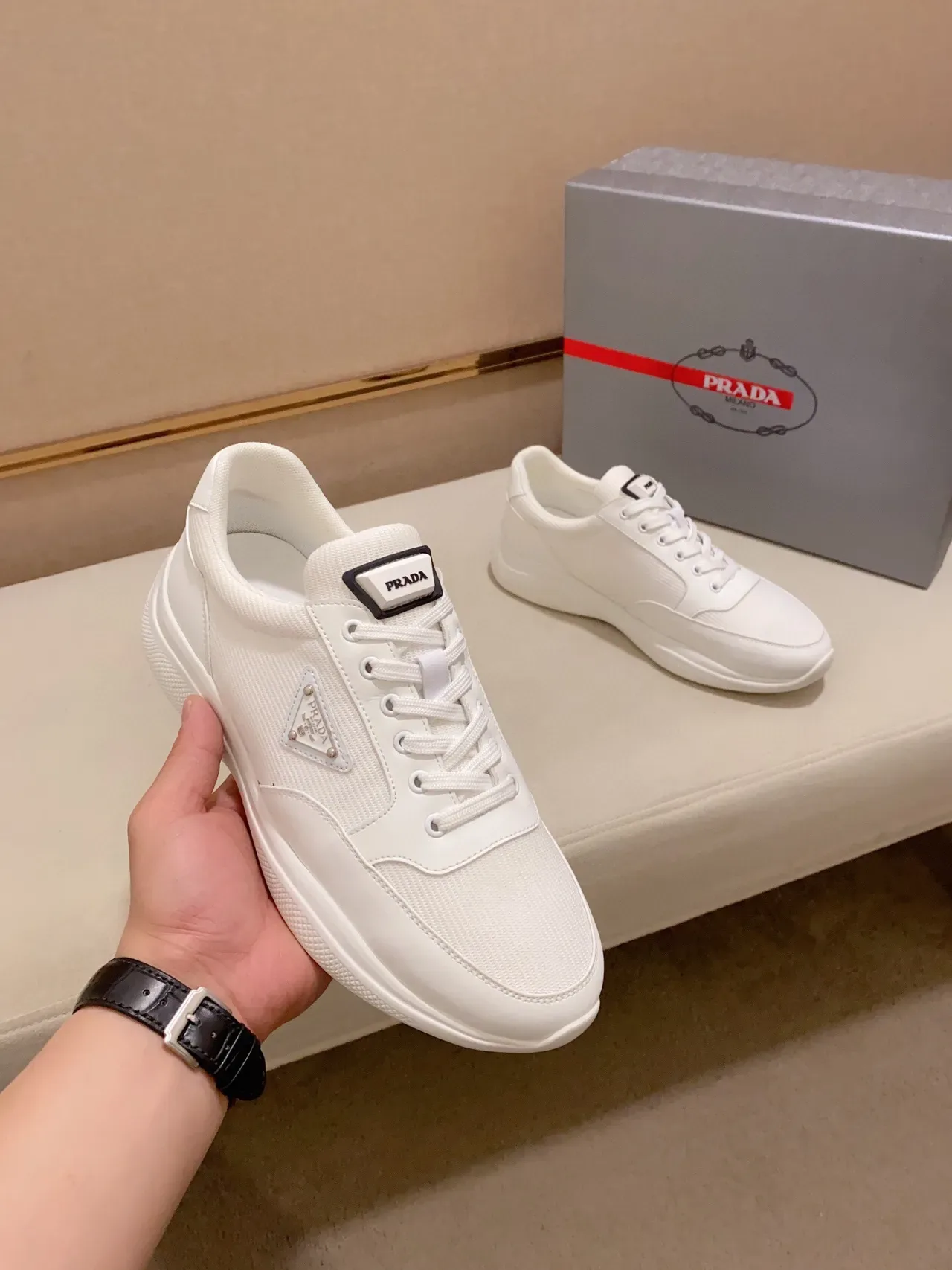 Prada White Black Low-Top Mesh-and-Leather Upper Lifestyle Sneakers 7