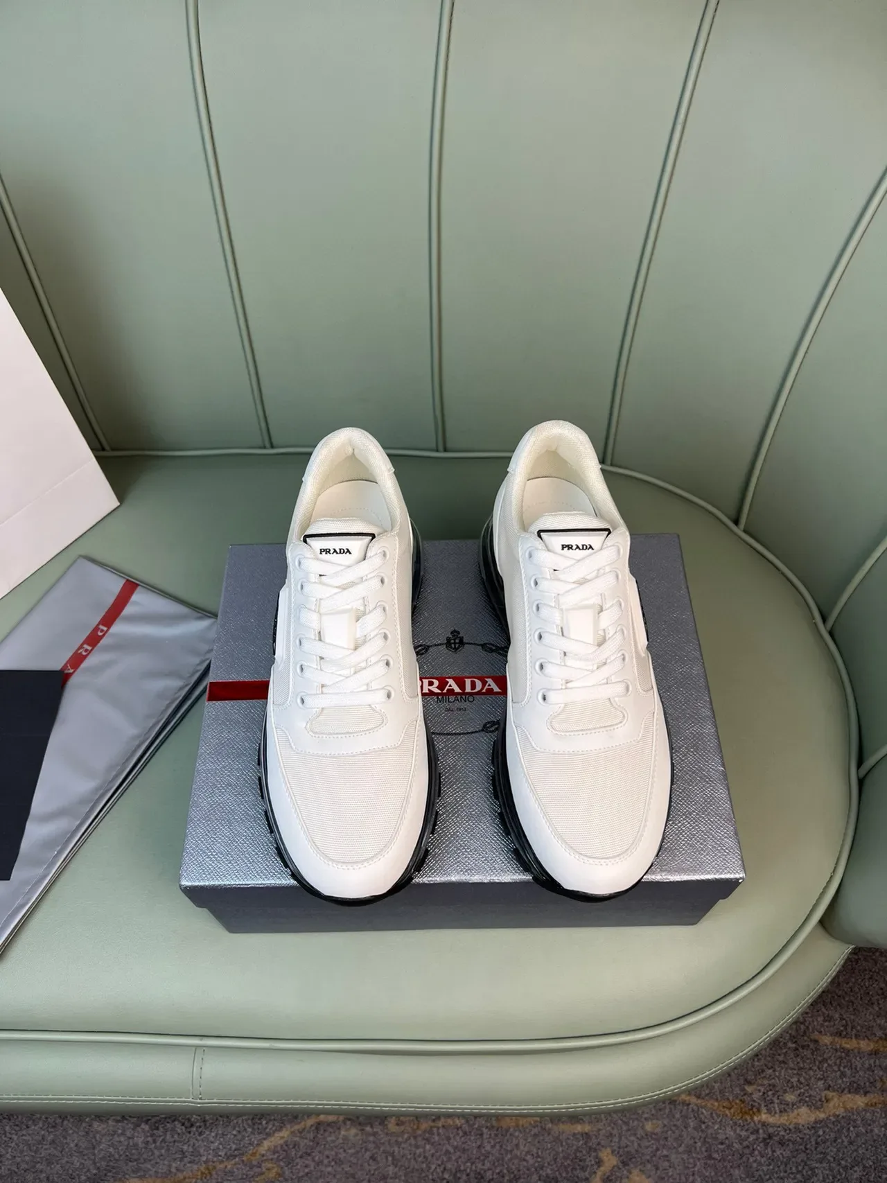 Prada White Black Low-Top Textile Upper Lifestyle Sneakers 9