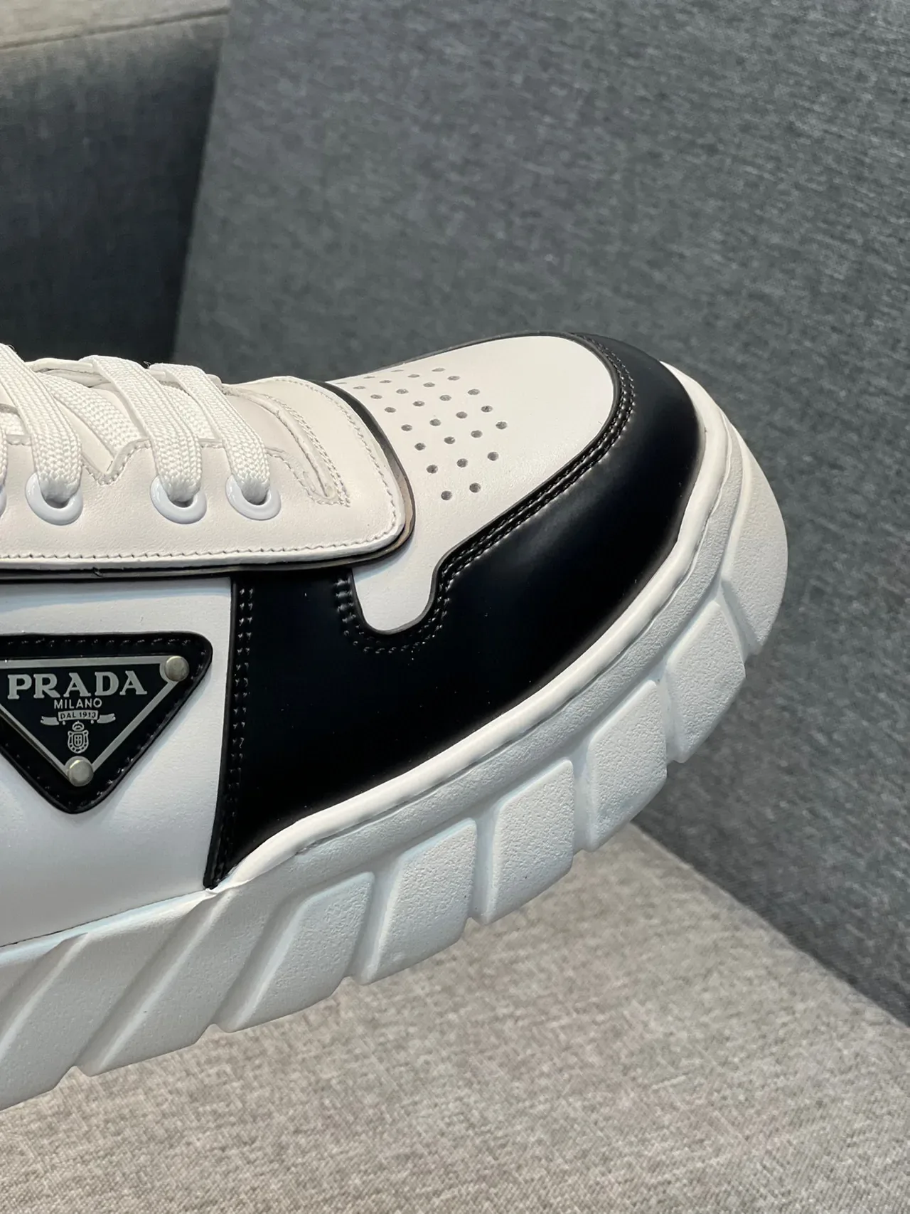 Prada White Black Two-Tone Leather Perforated Toe Cap Lifestyle Sneakers 3