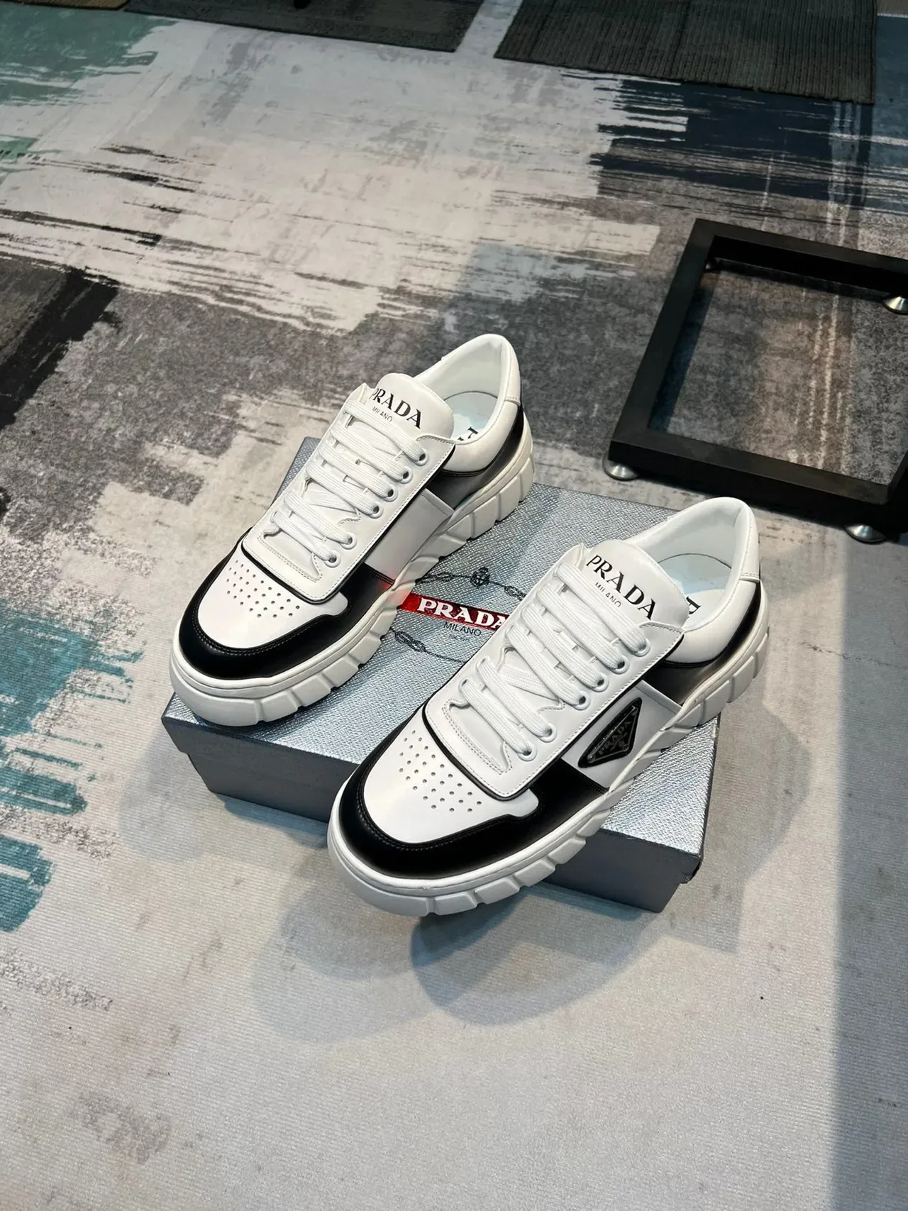 Prada White Black Two-Tone Leather Perforated Toe Cap Lifestyle Sneakers 4