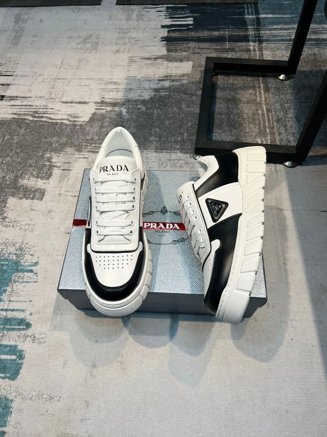 Prada White Black Two-Tone Leather Perforated Toe Cap Lifestyle Sneakers 5