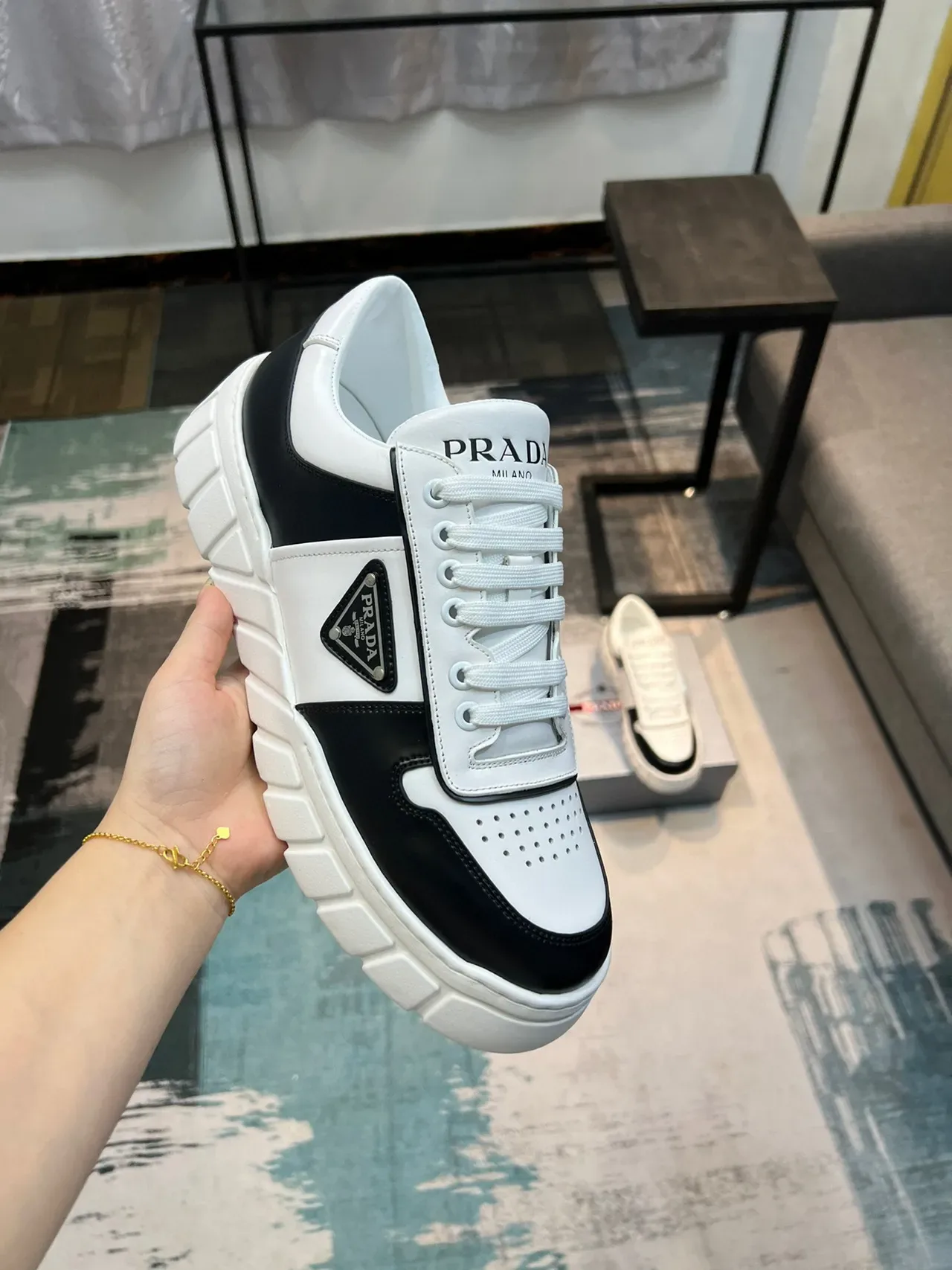 Prada White Black Two-Tone Leather Perforated Toe Cap Lifestyle Sneakers 6