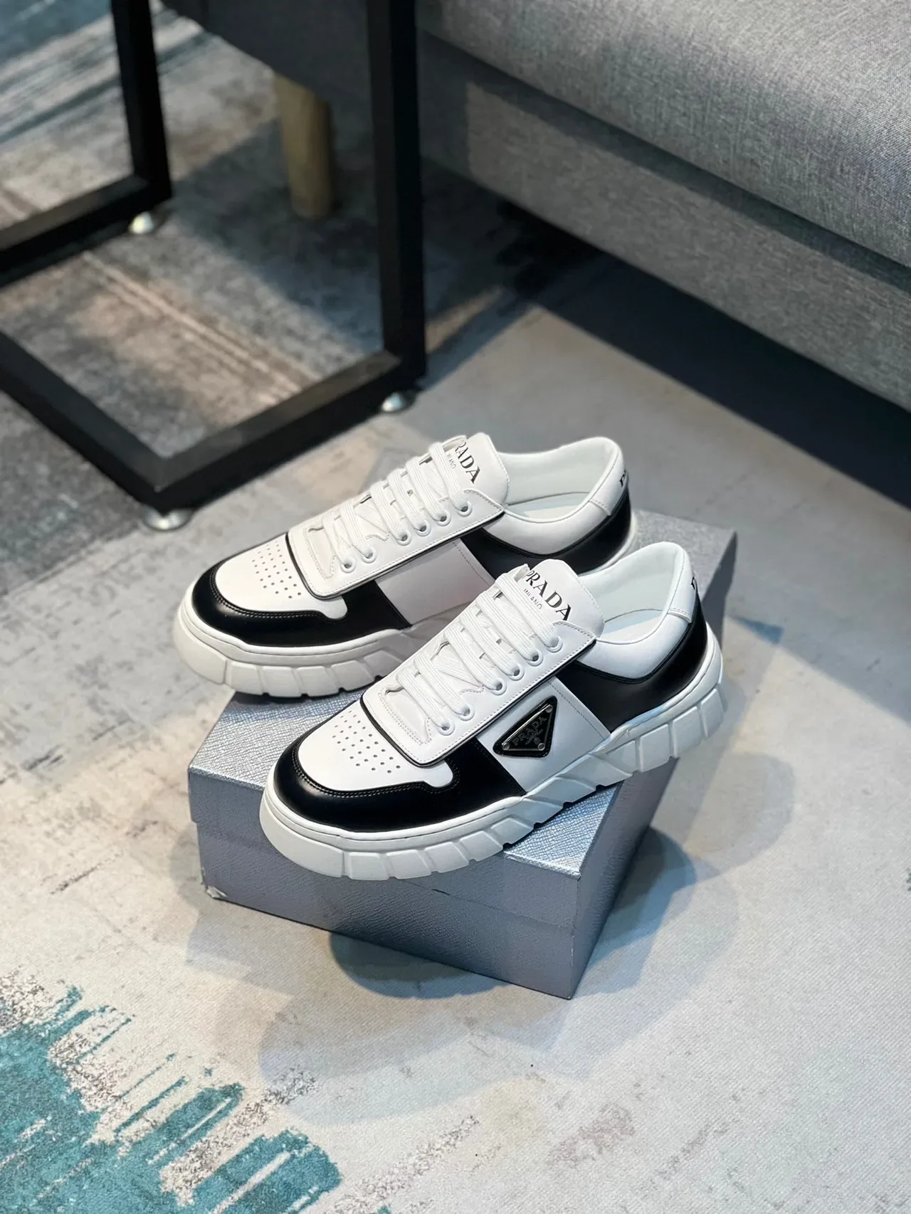 Prada White Black Two-Tone Leather Perforated Toe Cap Lifestyle Sneakers 7