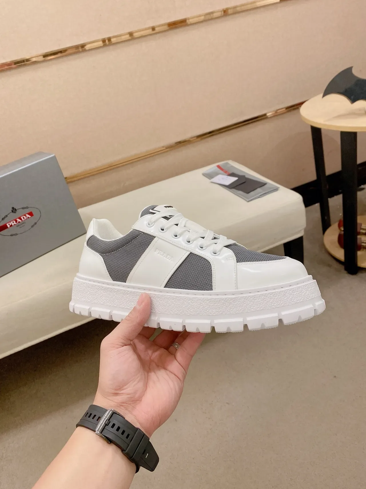 Prada White Gray Low-Top Platform Sole Chunky Sneakers 4
