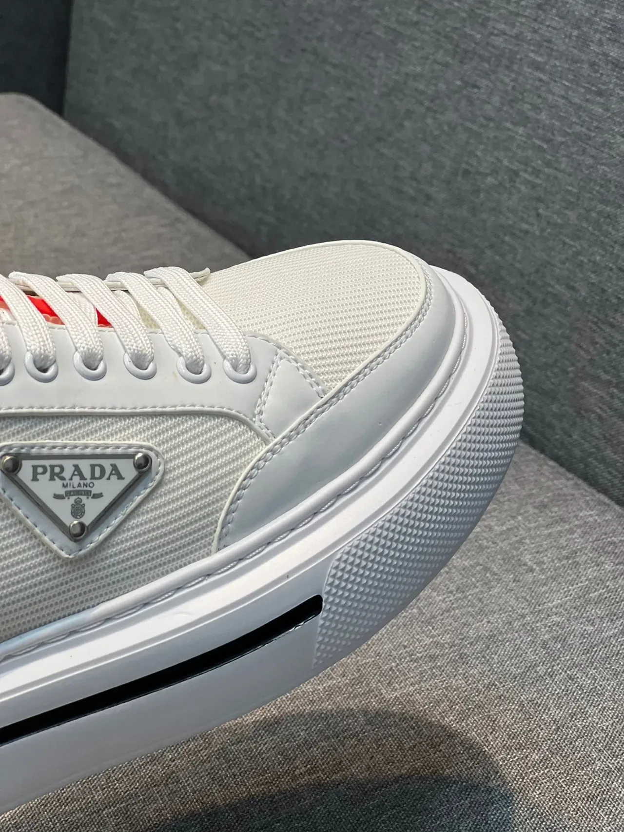Prada White Red Low-Top Platform Textile-Leather Hybrid Upper Lifestyle Sneakers 3