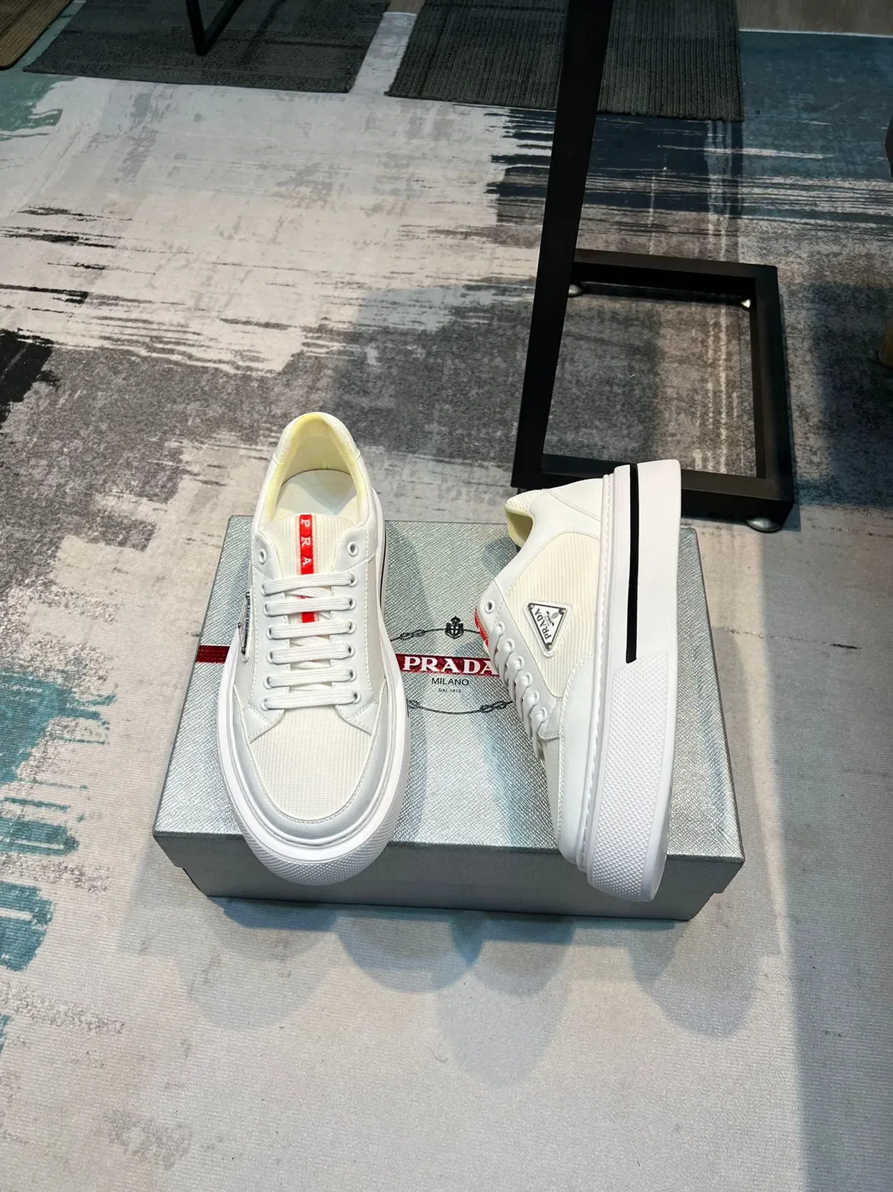 Prada White Red Low-Top Platform Textile-Leather Hybrid Upper Lifestyle Sneakers 4