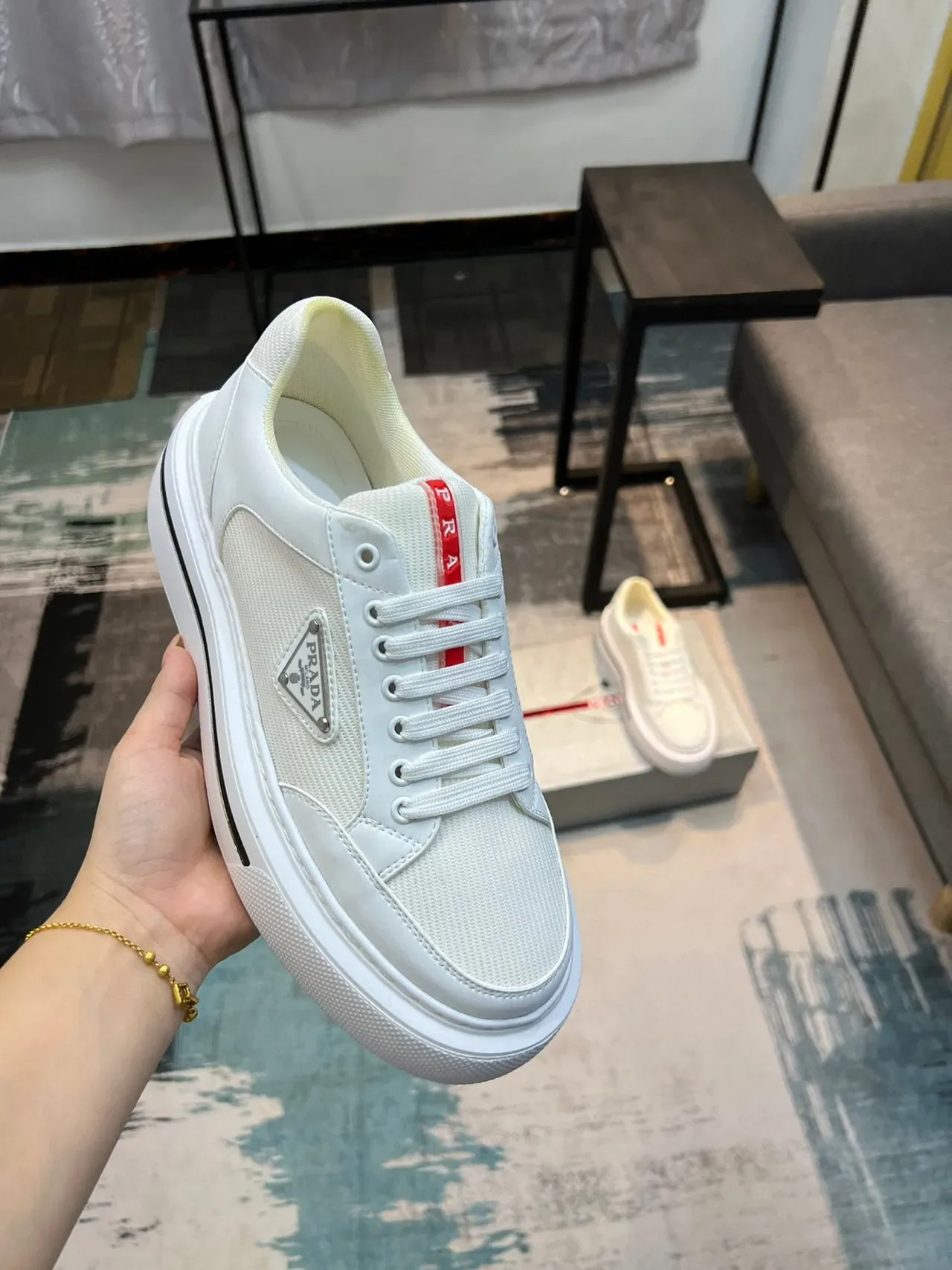 Prada White Red Low-Top Platform Textile-Leather Hybrid Upper Lifestyle Sneakers 5