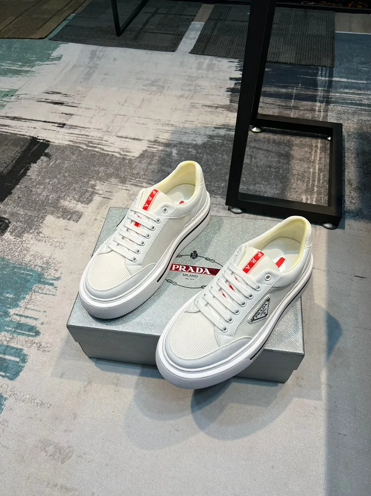 Prada White Red Low-Top Platform Textile-Leather Hybrid Upper Lifestyle Sneakers 6