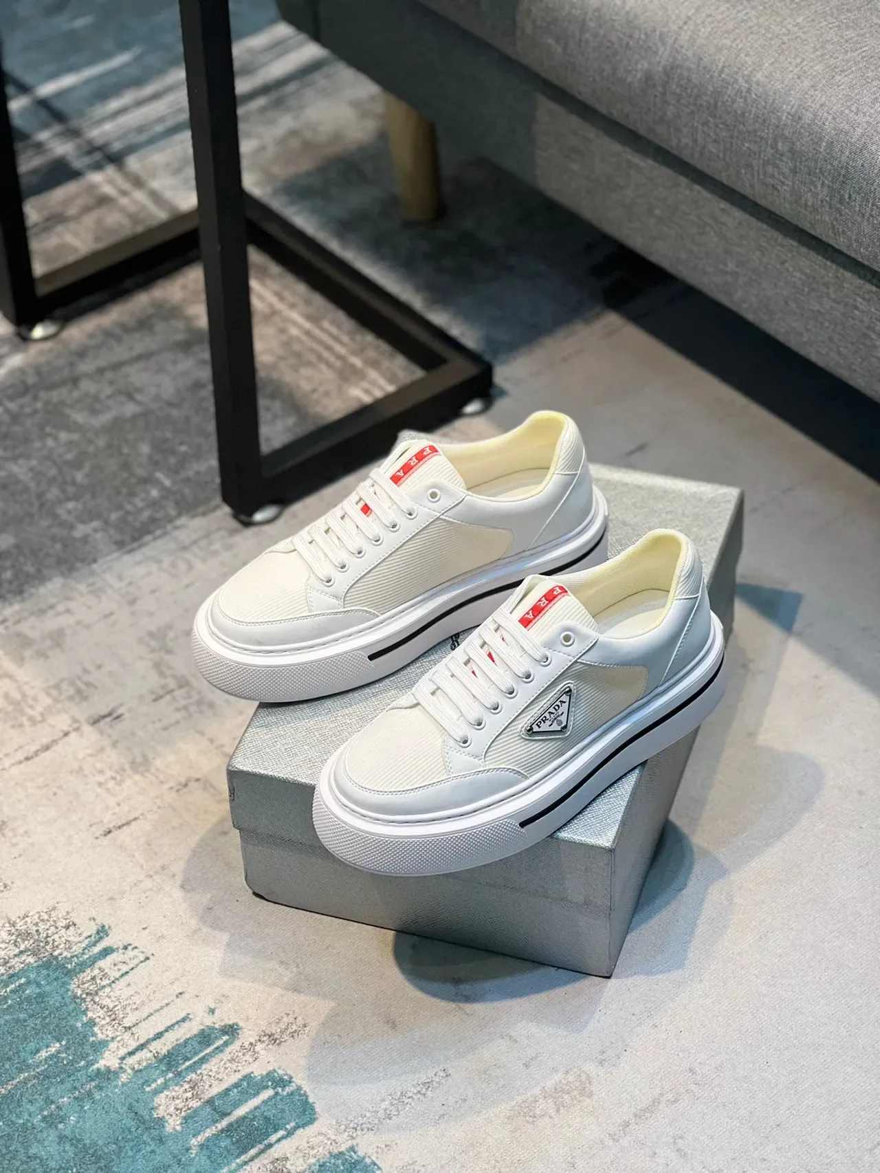 Prada White Red Low-Top Platform Textile-Leather Hybrid Upper Lifestyle Sneakers 7