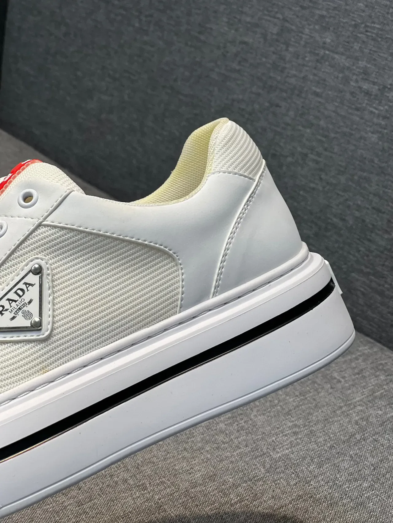 Prada White Red Low-Top Platform Textile-Leather Hybrid Upper Lifestyle Sneakers 8