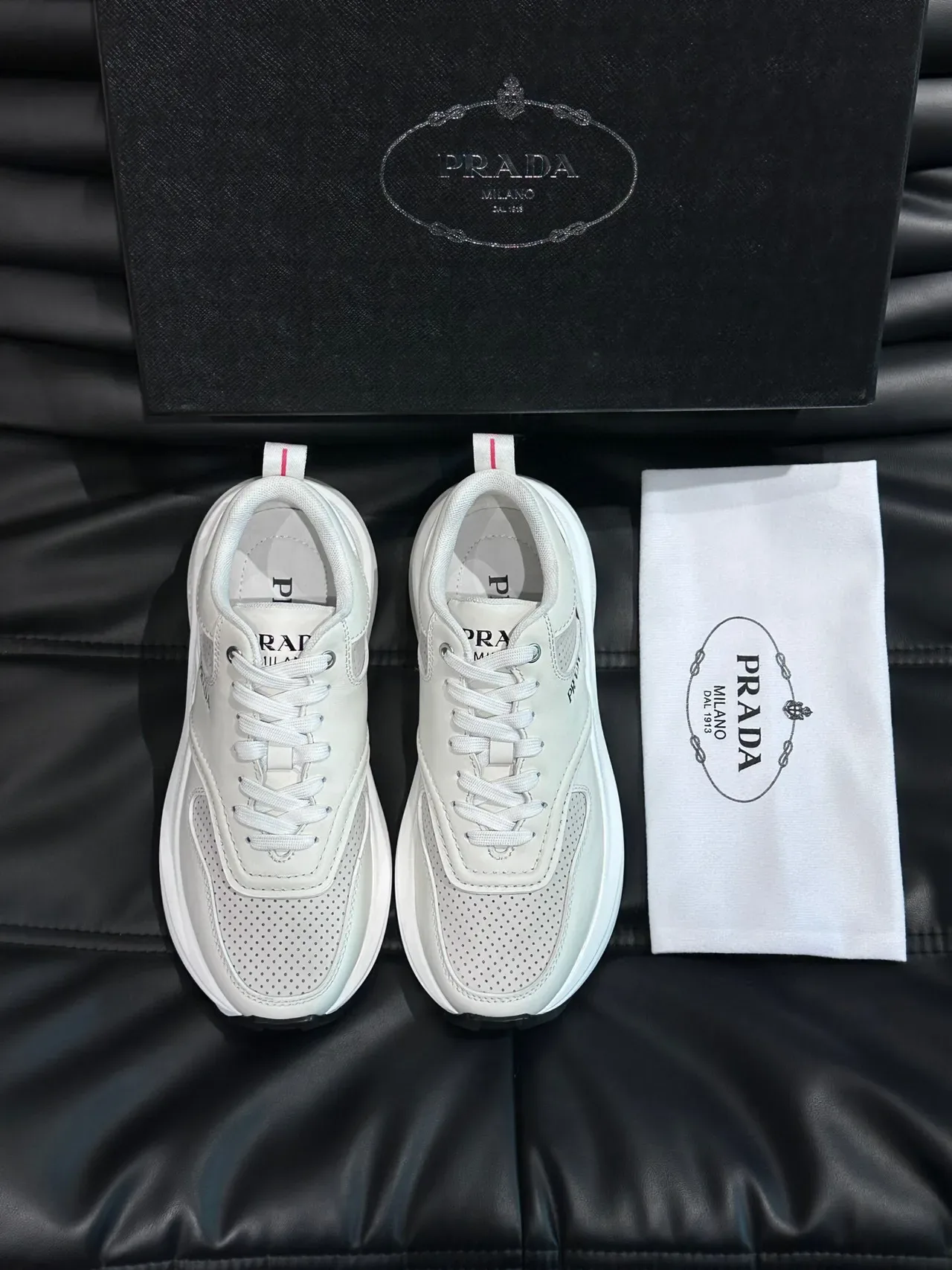 Prada White Red Perforated Toe Panel Layered Synthetic Upper Lifestyle Sneakers 3