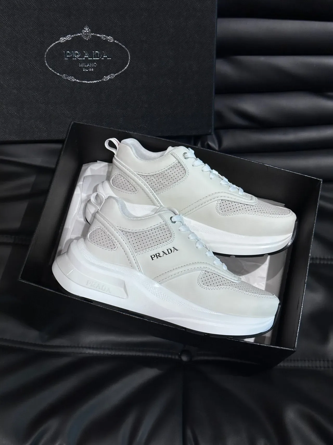 Prada White Red Perforated Toe Panel Layered Synthetic Upper Lifestyle Sneakers 4