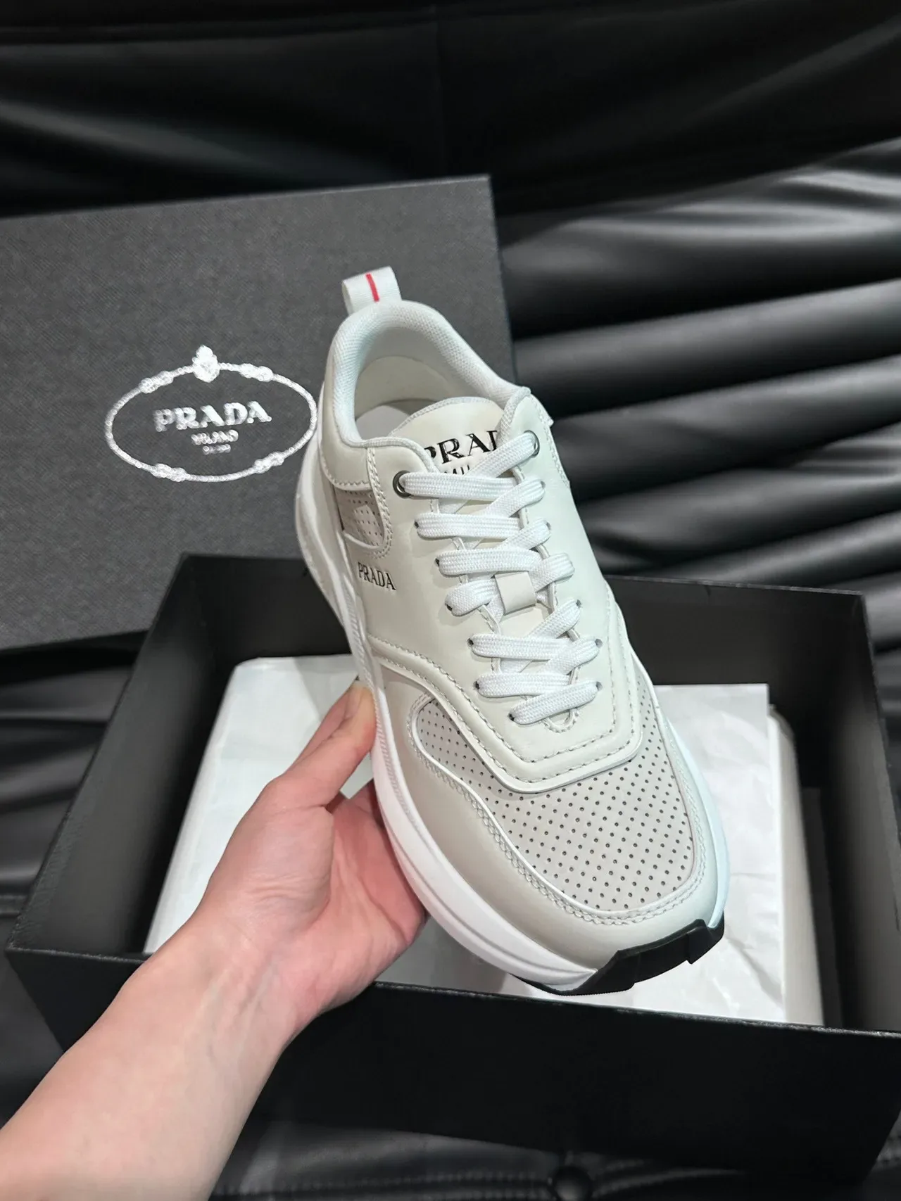 Prada White Red Perforated Toe Panel Layered Synthetic Upper Lifestyle Sneakers 5
